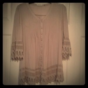 Blue Bird Tan Vintage Style Blouse with Lace Trim